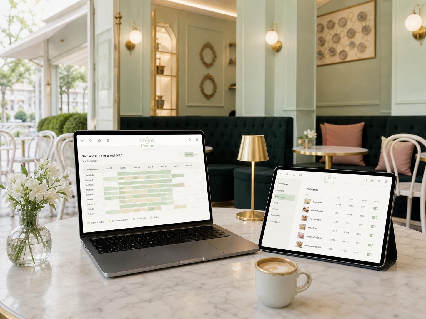 A few glimpses of the interface — the rota, the POS, the inventory, the dashboard.