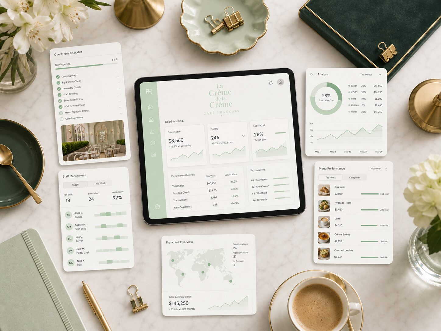 A few glimpses of the interface — the rota, the POS, the inventory, the dashboard.