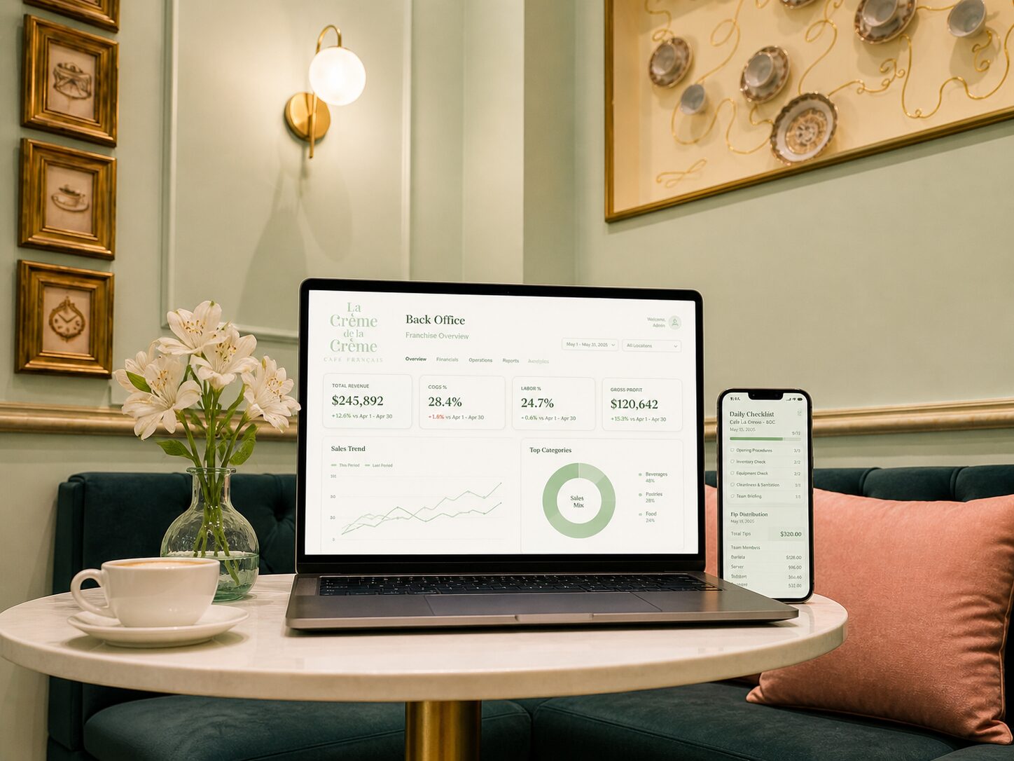A few glimpses of the interface — the rota, the POS, the inventory, the dashboard.