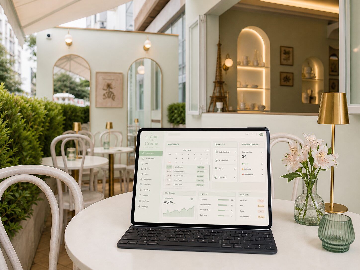 A few glimpses of the interface — the rota, the POS, the inventory, the dashboard.