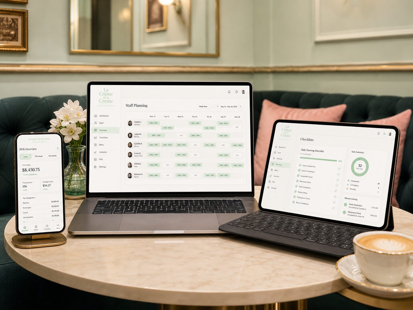 A few glimpses of the interface — the rota, the POS, the inventory, the dashboard.