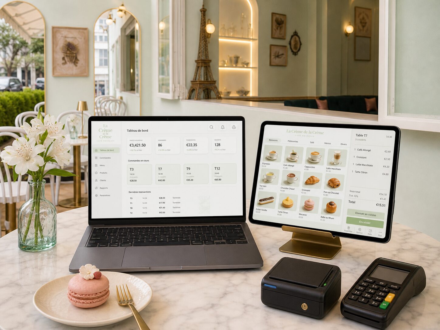 A few glimpses of the interface — the rota, the POS, the inventory, the dashboard.