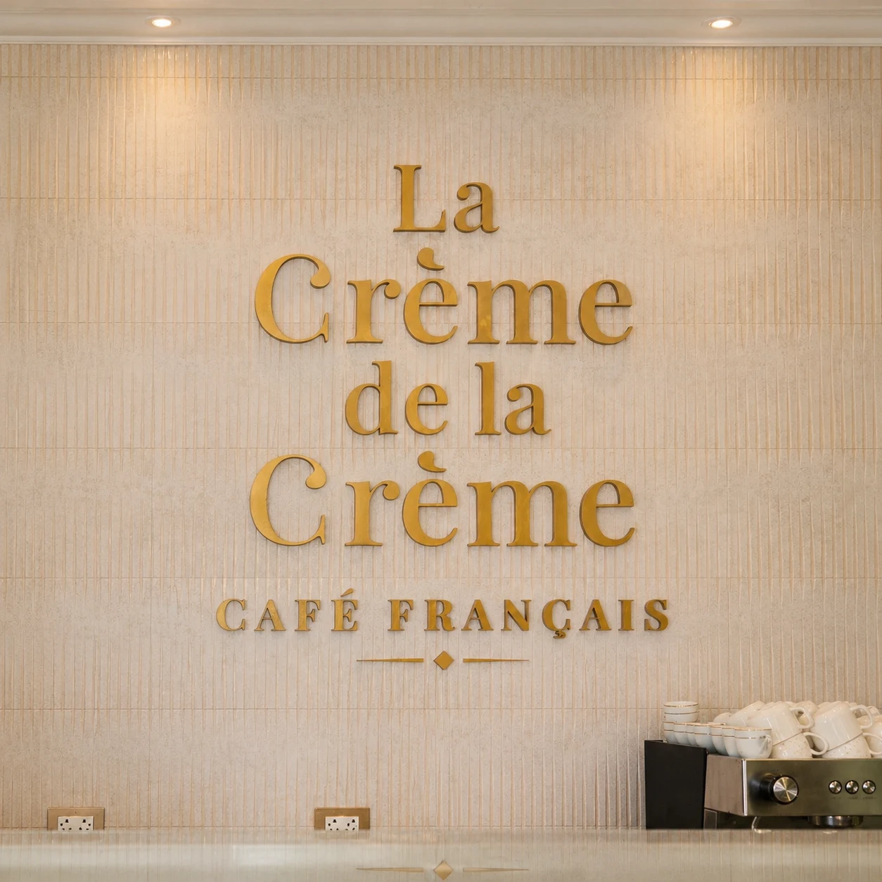 A gold logo on a beige wall