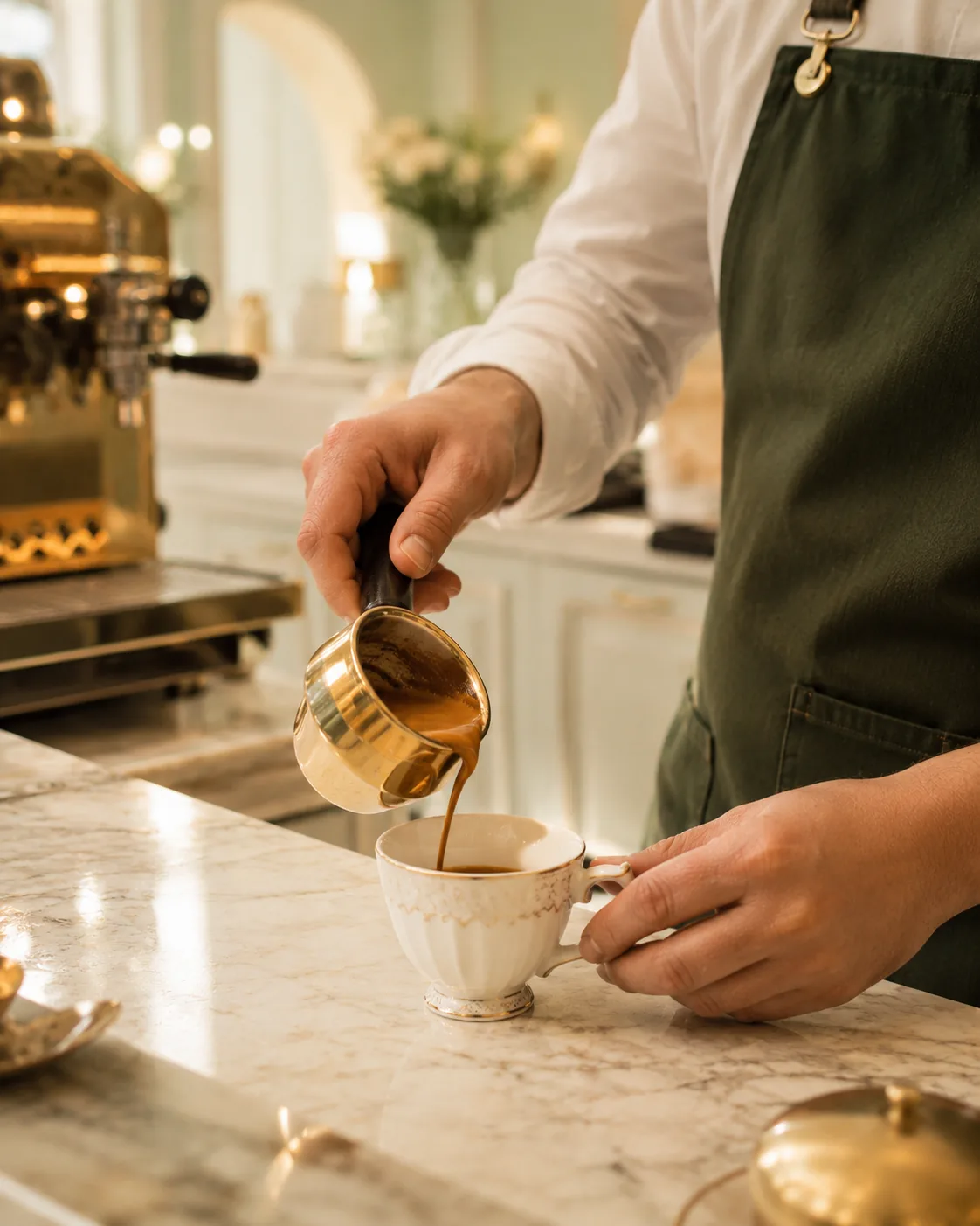 Barista pouring coffee into a porcelain cup