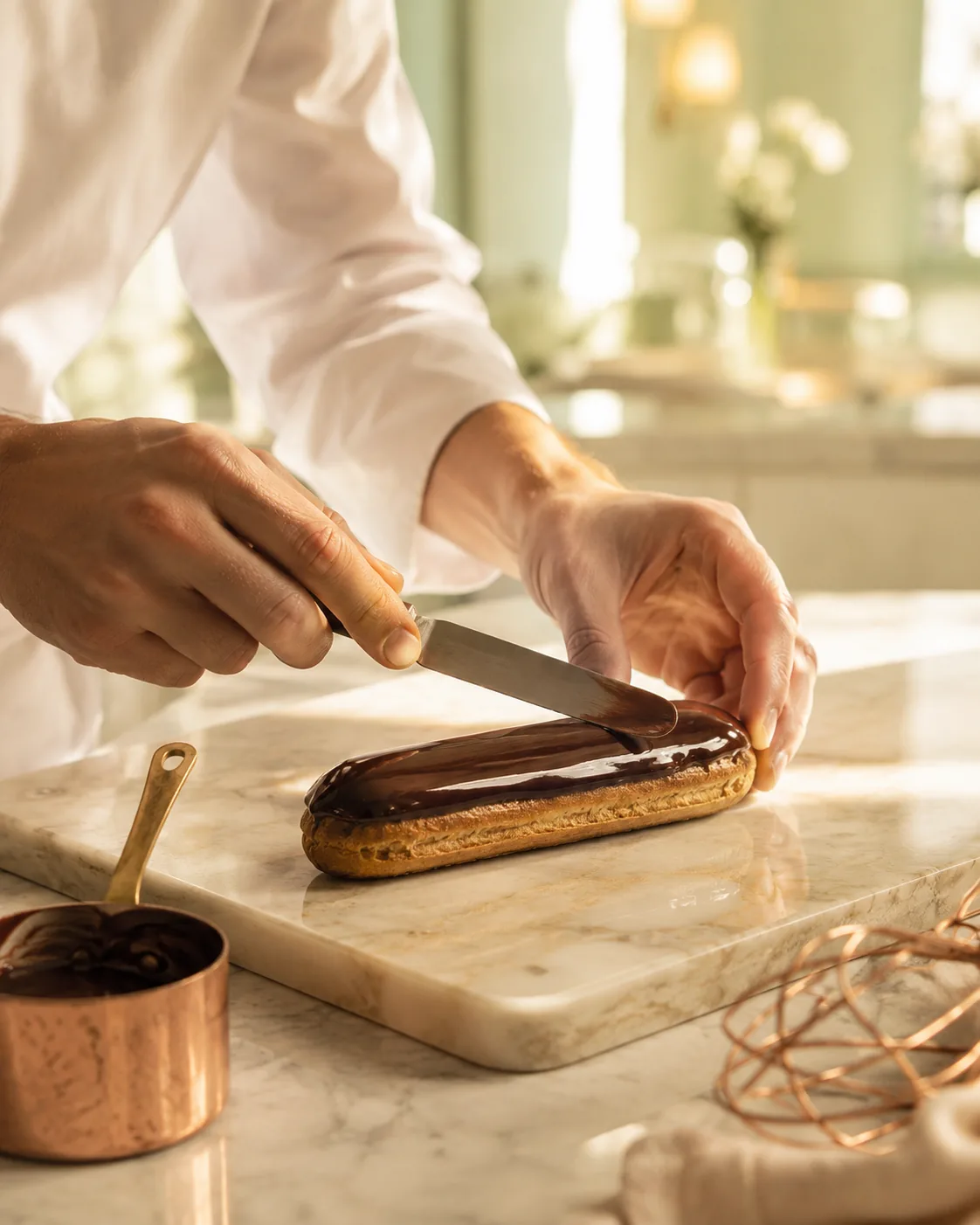 Pastry chef glazing a chocolate éclair on a marble counter