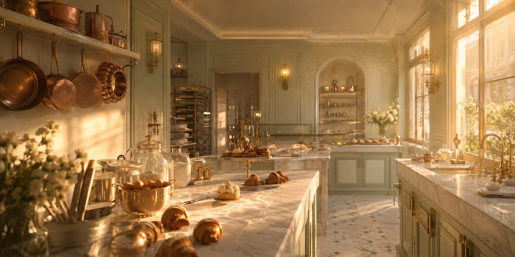 The house workshop at dawn, golden light and copperware